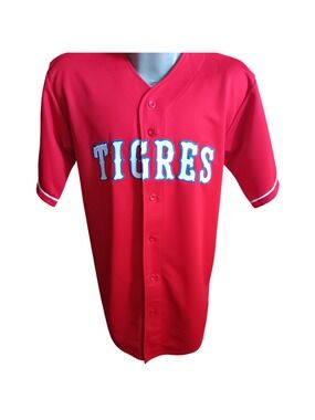 Men's Large Red Tigres Mexican Baseball Jersey Teamwork Embroidered Y2K USA